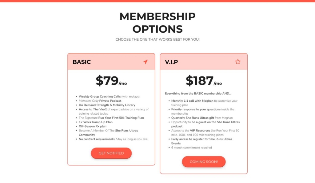 Coach Meghan Ghould of She Runs Ultras offers two membership tiers with pricing that corresponds to her level of involvement with individual clients