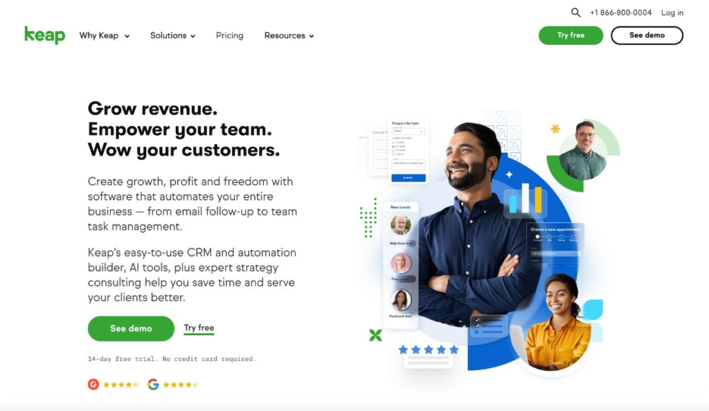 Screenshot of Keap homepage