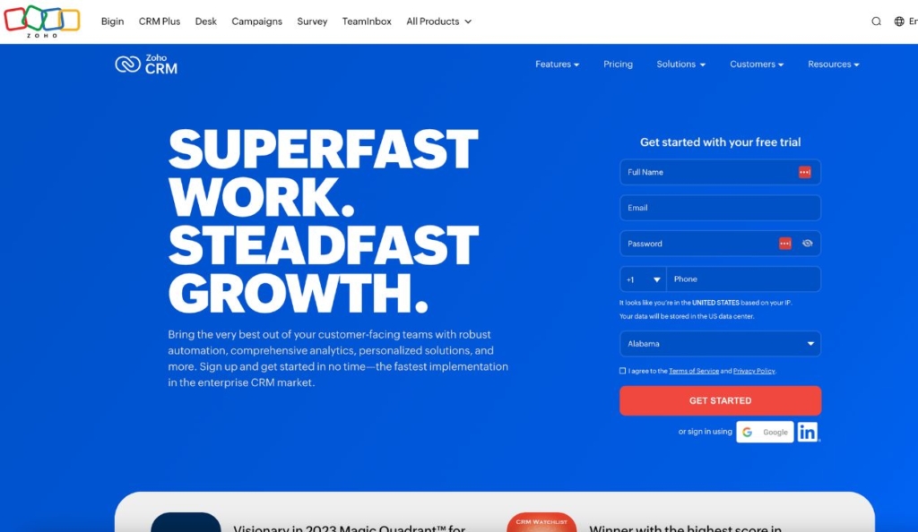Screenshot of Zoho CRM feature page